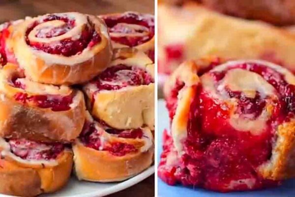 Glazed Raspberry Cheesecake Swirl Buns, homemade and freshly served
