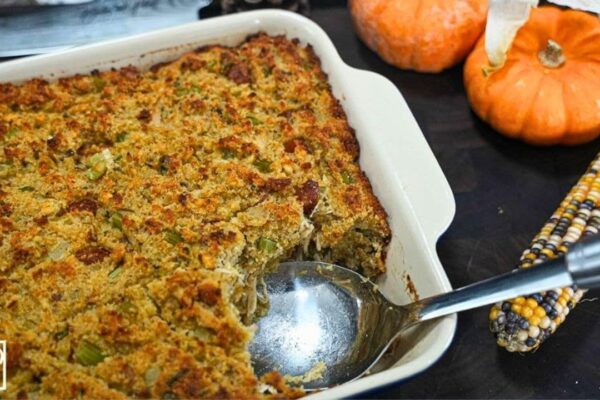 Grandma’s Secret Cornbread Dressing, homemade and freshly served