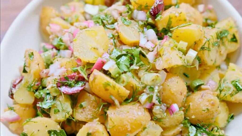 Greek Potato Salad (Without Mayo), homemade and freshly served