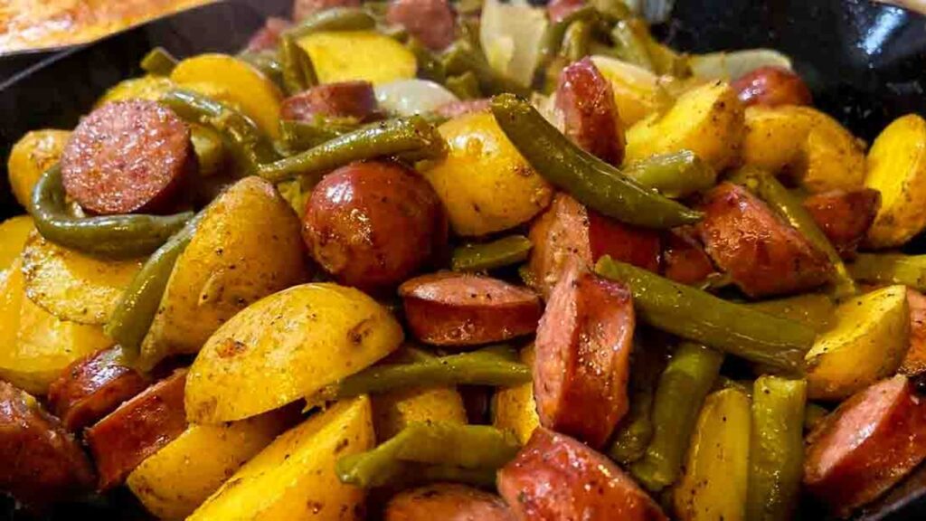 Green Beans, Potatoes, and Sausage Bake, homemade and freshly served