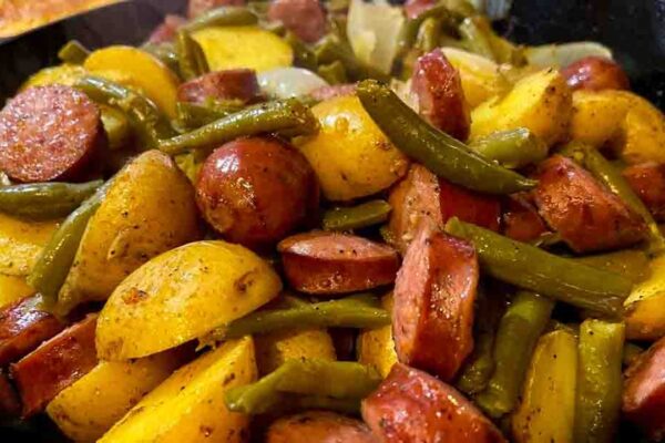 Green Beans, Potatoes, and Sausage Bake, homemade and freshly served