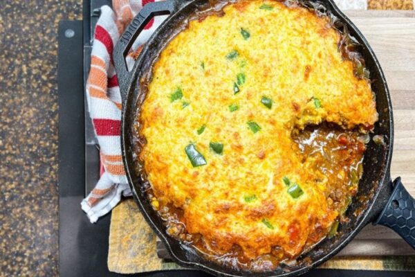 Ground Beef and Cornbread Casserole (Railroad Pie), homemade and freshly served