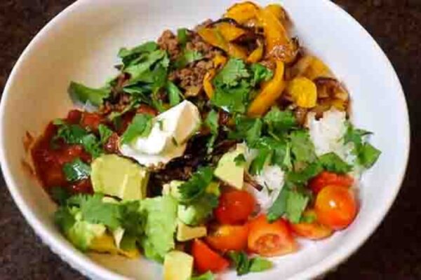 Ground Beef Fajita Bowl, homemade and freshly served