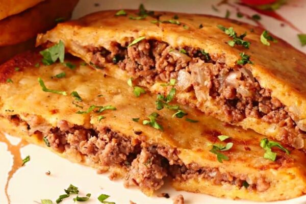 Ground Beef Stuffed Potato Pancakes, homemade and freshly served