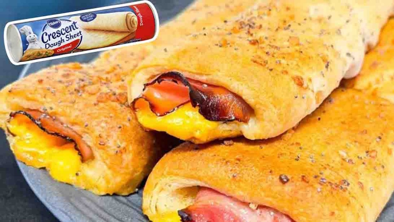 Ham And Cheese Crescent Sticks Ham and cheese crescent sticks brushed with poppy seed butter glaze, baked golden on a parchment sheet pan