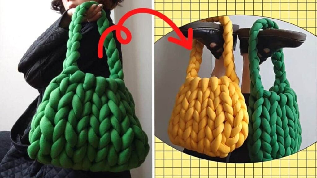 Finished Hand-Knit Chunky Yarn Bag, a completed DIY project