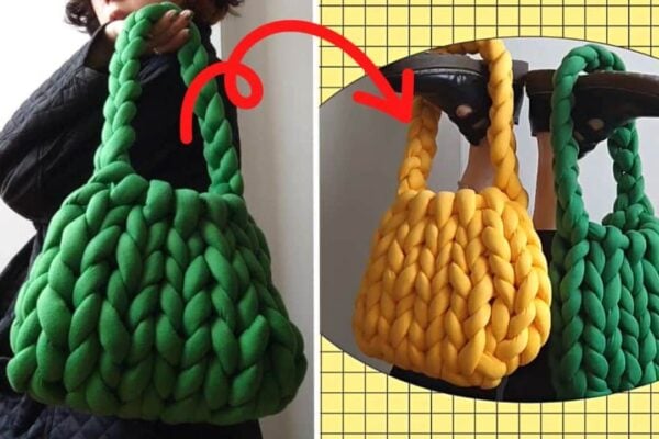 Finished Hand-Knit Chunky Yarn Bag, a completed DIY project
