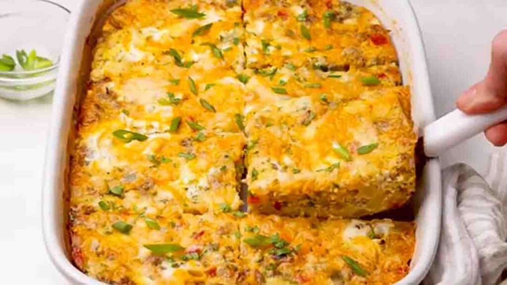 Hashbrown Breakfast Casserole with Sausage, homemade and freshly served
