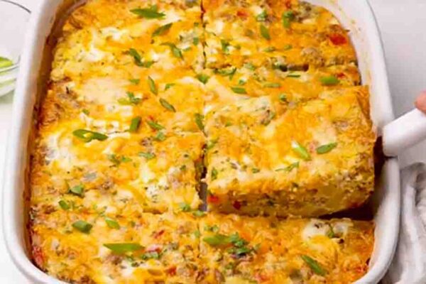 Hashbrown Breakfast Casserole with Sausage, homemade and freshly served