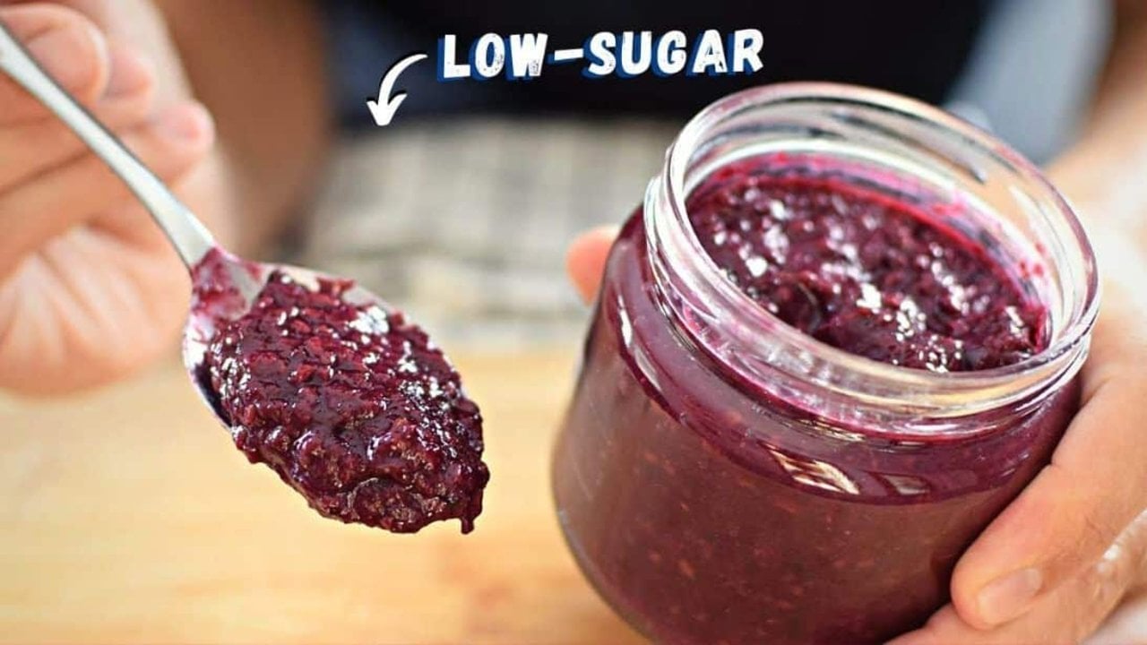 Healthy Low Sugar Fruit Jam Recipe Healthy low sugar fruit jam made with mashed blackberries, apple and maple syrup, spread on toasted bread