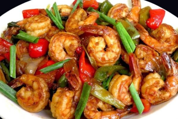 Honey Stir-Fried Shrimp With Garlic and Onion, homemade and freshly served
