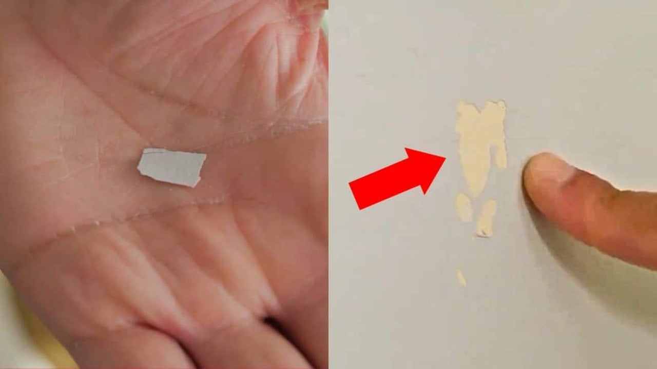 Two panels of a chipped interior wall, a flake of paint held in a palm and a red arrow pointing at the bare patch