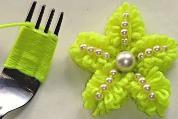 Finished A Woolen Flower Using A Fork, a completed DIY project