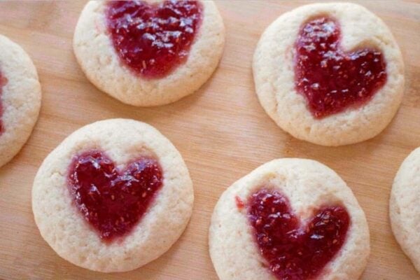 Heart-Shaped Thumbprint Jam Cookies, homemade and freshly served