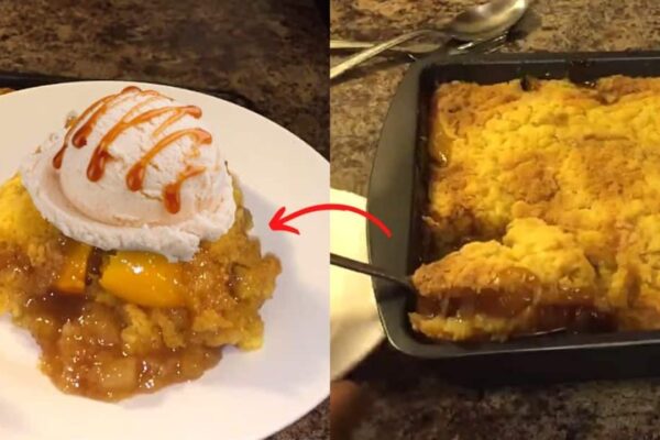 Peach Cobbler Dump Cake, homemade and freshly served