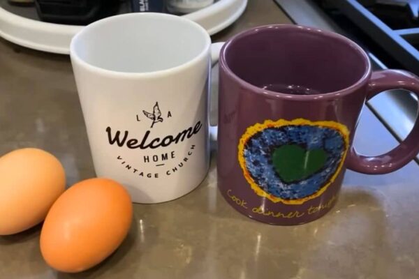Poached Eggs in a Coffee Mug, homemade and freshly served