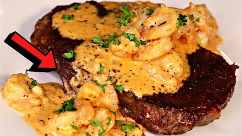 Steak Smothered in Creamy Shrimp, homemade and freshly served