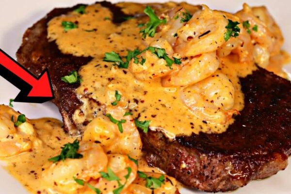 Steak Smothered in Creamy Shrimp, homemade and freshly served