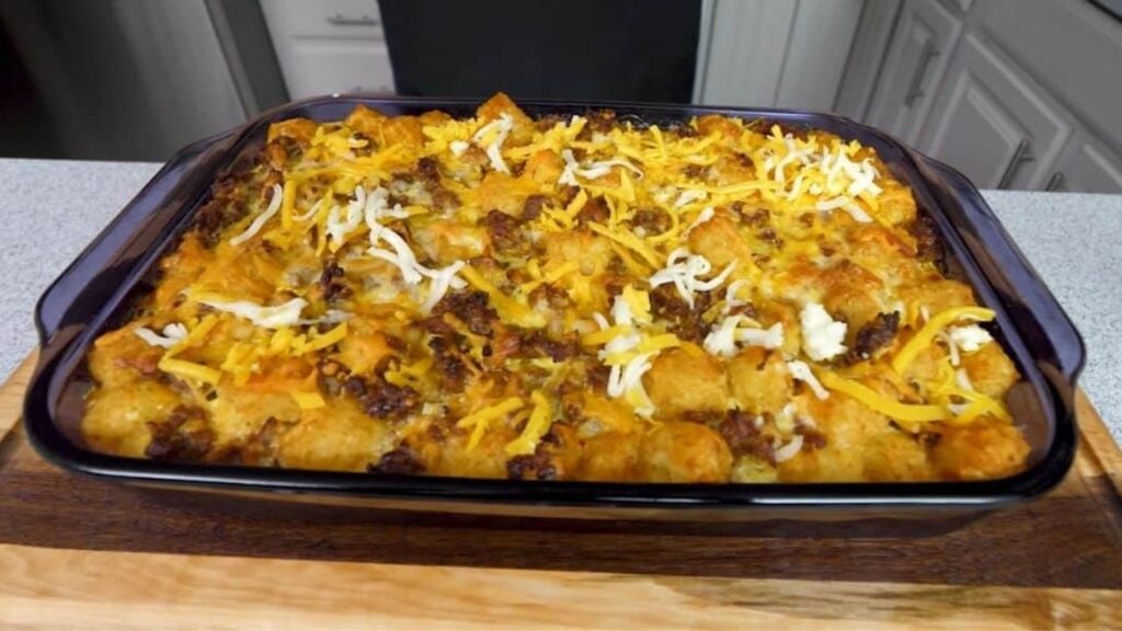 Tater Tot Breakfast Casserole, homemade and freshly served