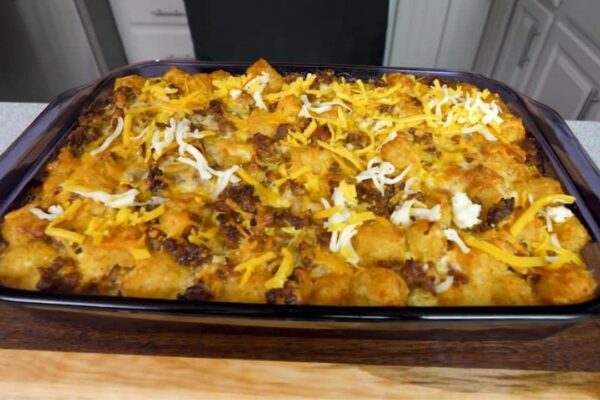 Tater Tot Breakfast Casserole, homemade and freshly served