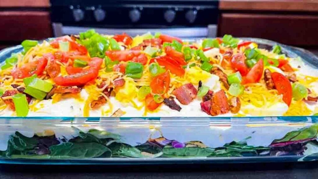 Cake Pan Layered Salad, homemade and freshly served