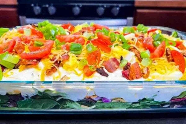 Cake Pan Layered Salad, homemade and freshly served