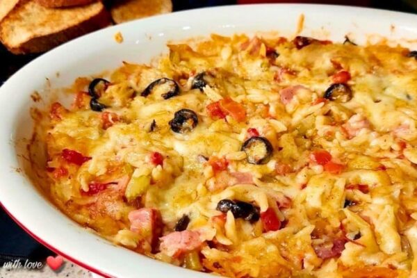 Leftover Ham and Orzo Casserole, homemade and freshly served