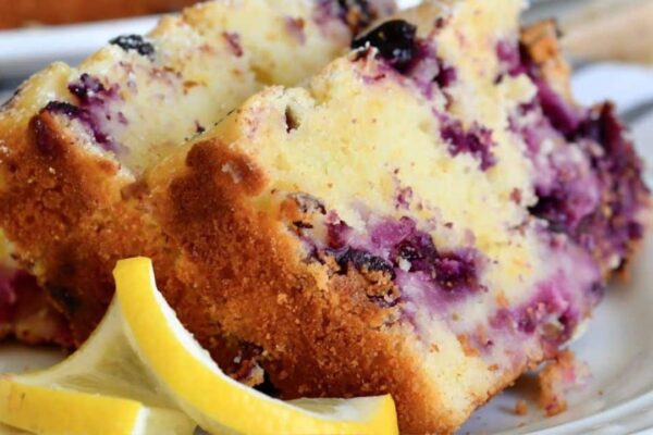 Soft and Moist Lemon Blueberry Yogurt Cake, homemade and freshly served
