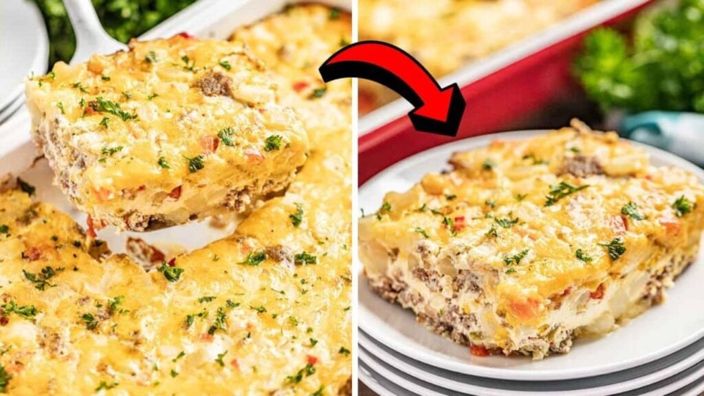 Loaded Hash Brown Breakfast Casserole, homemade and freshly served