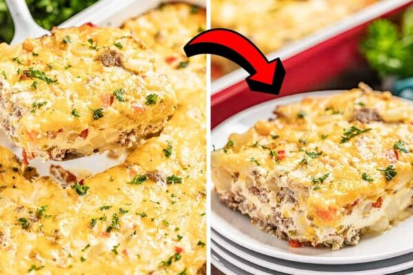Loaded Hash Brown Breakfast Casserole, homemade and freshly served