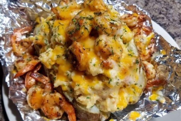 2-Way Loaded Shrimp Baked Potatoes, homemade and freshly served