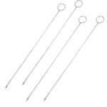 Four metal loop turners with ring handles and latch hooks, the tool that pulls twine through each fabric candy