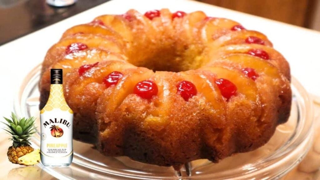 Malibu Pineapple Upside Down Cake, homemade and freshly served