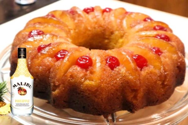 Malibu Pineapple Upside Down Cake, homemade and freshly served