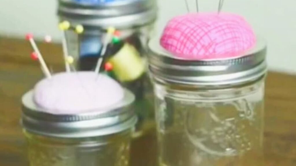 Finished Hands Down, The Best Mason Jar Craft For Everyone Who Loves To Sew, a completed DIY project