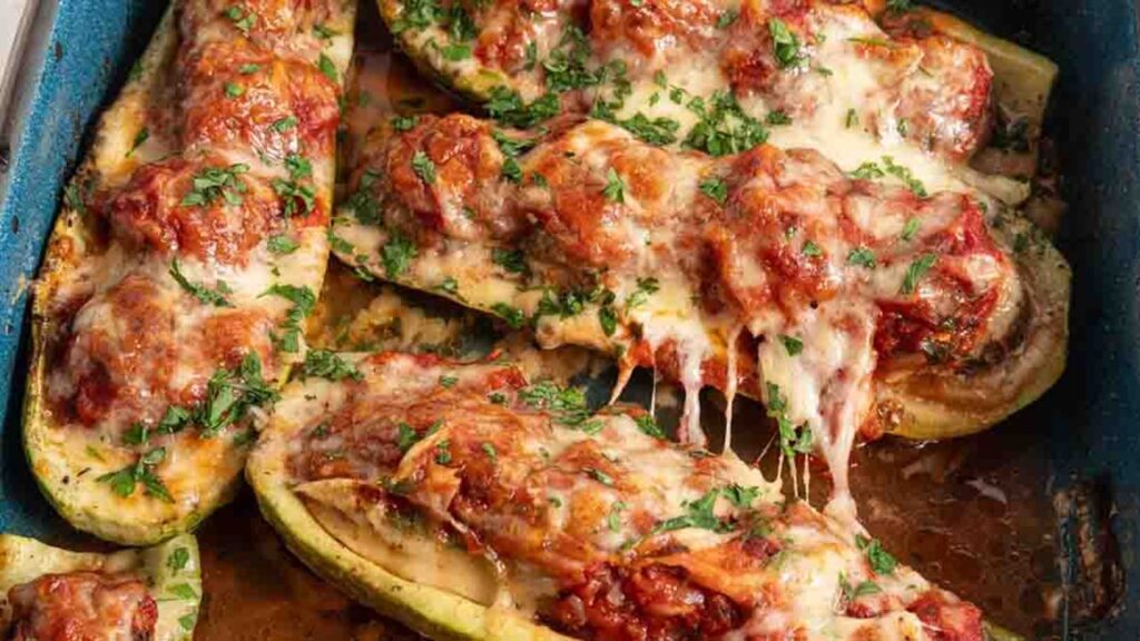 Meatball Marinara Stuffed Zucchini Boats, homemade and freshly served