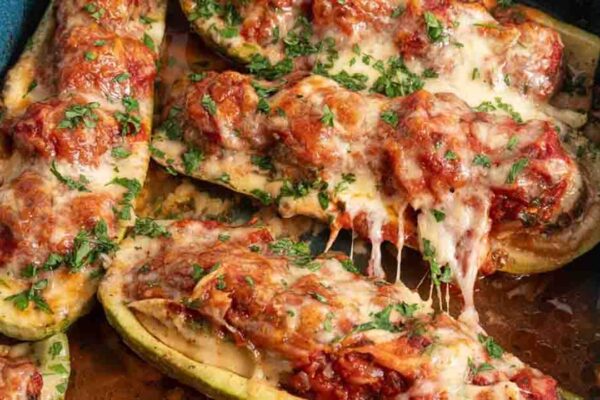 Meatball Marinara Stuffed Zucchini Boats, homemade and freshly served