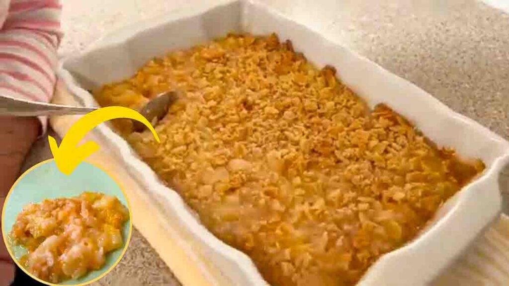 MeMe’s Pineapple Casserole, homemade and freshly served