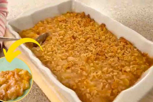MeMe’s Pineapple Casserole, homemade and freshly served