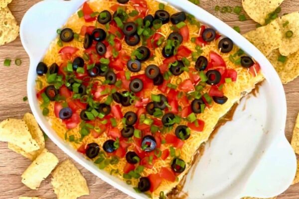 Mexican 7 Layer Party Dip, homemade and freshly served