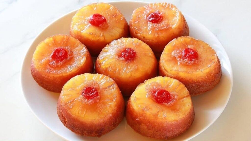 Mini Pineapple Upside Down Cake, homemade and freshly served
