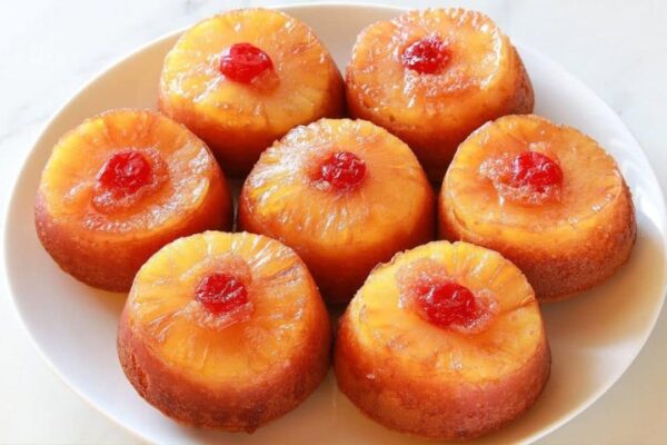 Mini Pineapple Upside Down Cake, homemade and freshly served