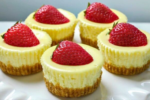 7-Ingredient Mini Strawberry Cheesecake, homemade and freshly served