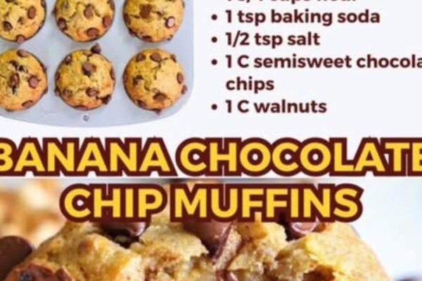 Moist Banana Chocolate Chip Muffins, homemade and freshly served
