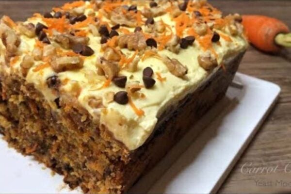 Moist Carrot Loaf Cake With Cream Cheese Frosting, homemade and freshly served