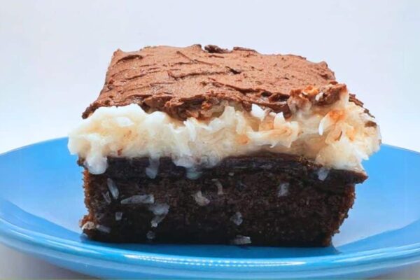 Mounds Candy Bar Cake, homemade and freshly served