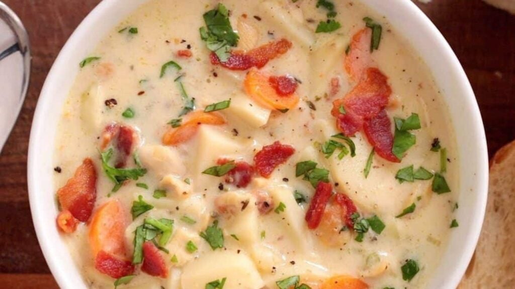 New England Creamy Clam Chowder Soup, homemade and freshly served