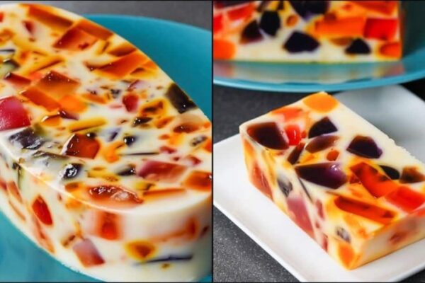 No-Bake Broken Glass Jelly Pudding, homemade and freshly served