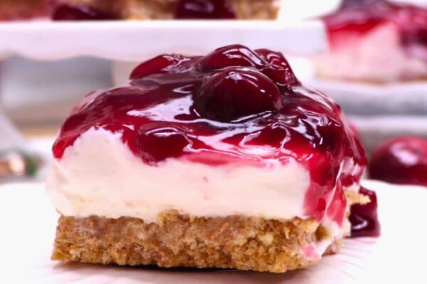 No-Bake Cherry Cheesecake Bars, homemade and freshly served
