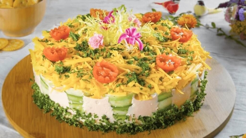 No-Bake Chicken Salad Cucumber Roll Casserole, homemade and freshly served